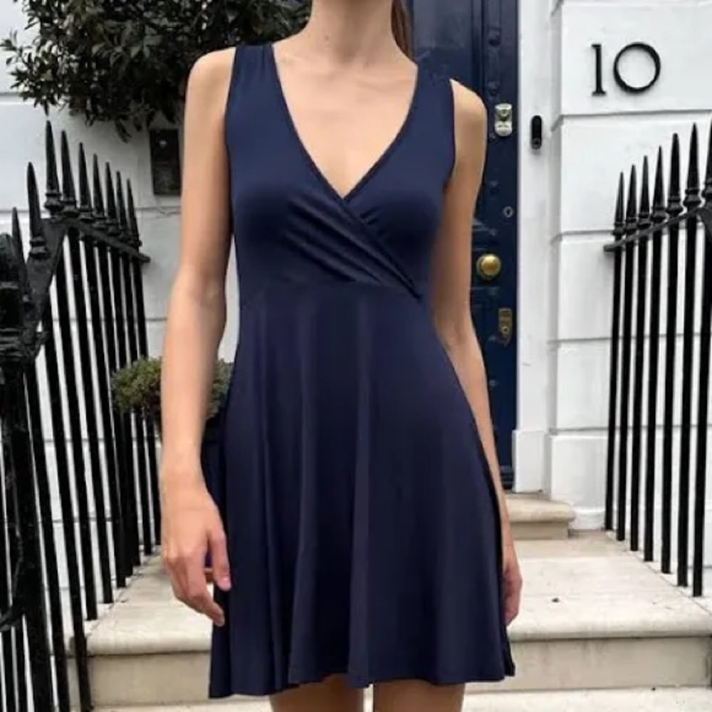 Brandy Melville Navy Faux Wrap Skater Mini Dress NWT One Size - Picture 3 of 11